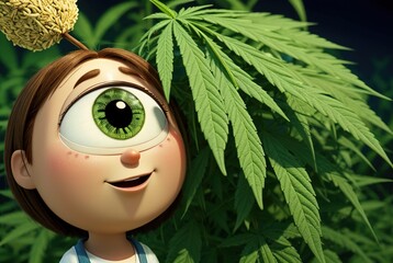 A close-up cartoon girl with a very large one eye on her face looks at a cannabis bush. The concept of marijuana. A one-eyed cartoon character on a background of cannabis leaves. - obrazy, fototapety, plakaty