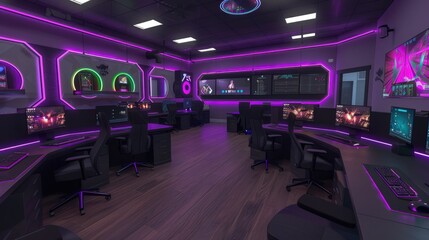 This image showcases the vibrant interior of a contemporary gaming center equipped with multiple gaming stations, illuminated by neon lights in the nighttime setting.