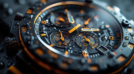Closeup of a black and orange analog watch on a table