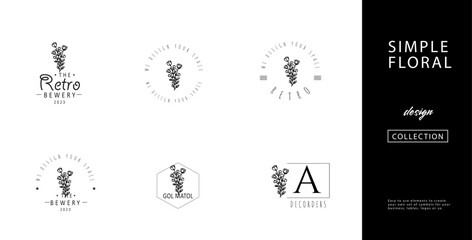 Wild flower logo design bundle in retro classical hand drawn minimalist style collection