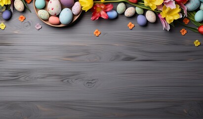 Obraz premium grey table background with coloring pencils, easter decor, flat with generative ai