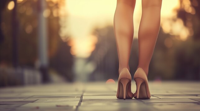 This image captures the lower legs of a woman wearing high heels, seen from behind as she walks down a sunlit city sidewalk during the golden hour of sunset.