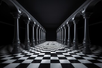 a black and white checkered floor with columns - obrazy, fototapety, plakaty