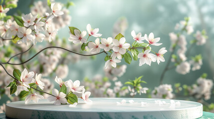 white sakura flowers background wooden table podium