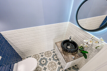 interior apartment room bathroom, sink, decorative elements, toilet. WC, sanitary unit, wash room