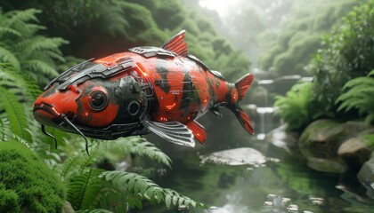 Red and Black Fish Floating on River