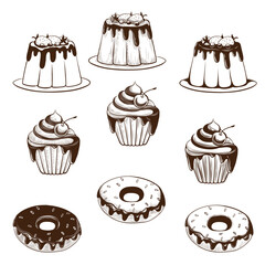 Confectionery and coffee - vector illustration in engraving style. Isolated drawings, sketches, icons - dessert set. Drawing on a white background.