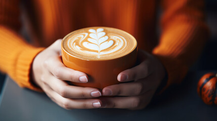Woman holding tasty pumpkin latte at table. Closeup.