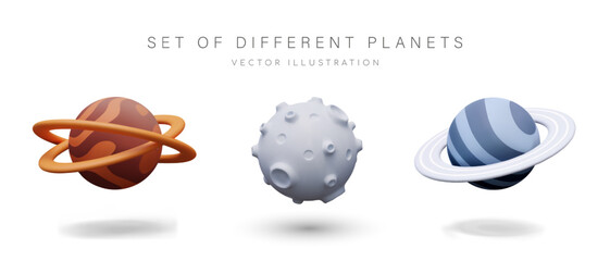 Set of realistic vector planets with craters, belts, spots and lines © ArtHub007