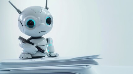 cute little robot about to write a text next to a stack of papers, concept of artificial intelligence assistance for writing texts