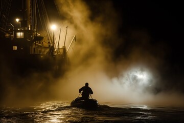 person in dinghy escaping from smoky ship at night