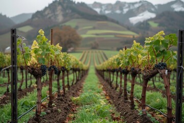 Fototapeta na wymiar Bare vines in a Swiss vineyard