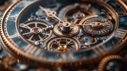 Fototapeta na wymiar Detailed close up of a watch showcasing intricate gears and Roman numerals