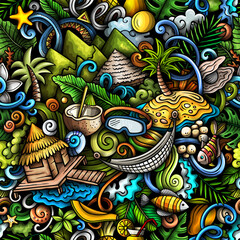 Fototapeta na wymiar Cartoon doodles Bora-Bora island seamless pattern
