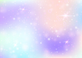 Fairy background with rainbow mesh.  Multicolor universe banner in princess colors. Fantasy gradient backdrop with hologram. Holographic fairy background with magic sparkles, stars and blurs.
