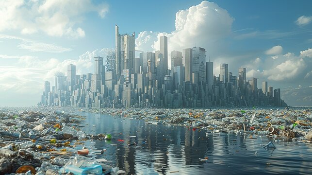 City filled with garbage, plastic waste, 3d render
