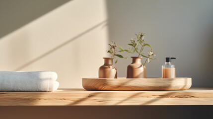 Wooden podium for bathing and spa products.