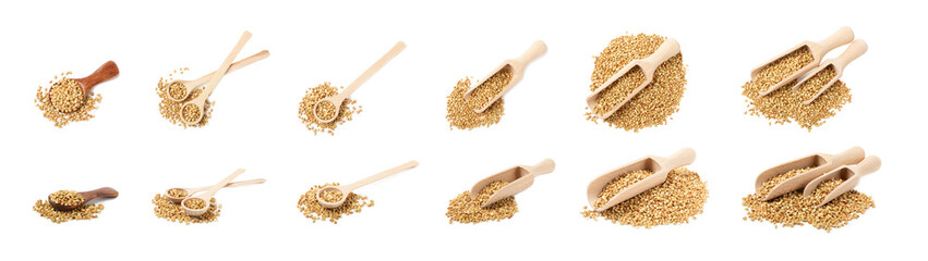 Green buckwheat in a wooden spoon isolated on a white background. Superfood. Raw buckwheat porridge. Healthy vegan food, eco products, diet, organic.