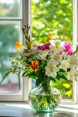 A vibrant bouquet of mixed flowers is displayed in a clear vase on a windowsill, bathed in soft, natural light from the window.
