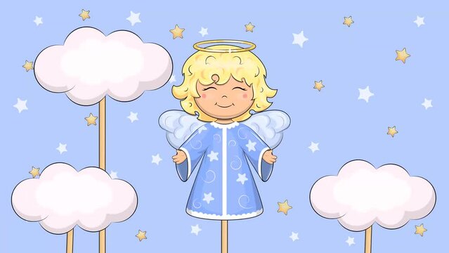 An angel in the blue sky with clouds and stars. Cute cartoon looped animation. Christmas or night background.