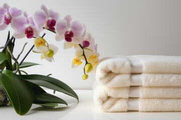 Fototapeta na wymiar stack of fluffy towels next to orchids with clear wall space