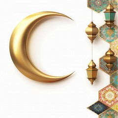 Fototapeta na wymiar Ramadan kareem greeting card background. Islamic 3d gold moon with geometric pattern. eid al fitr decoration background