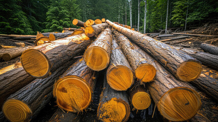 long freshly cut logs lie in the forest close-up. forestry and wood processing industry - obrazy, fototapety, plakaty