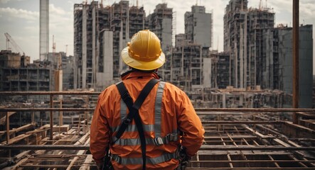 Back view of construction worker wearing safety uniform during working on roof structure of building on construction site. Generative AI