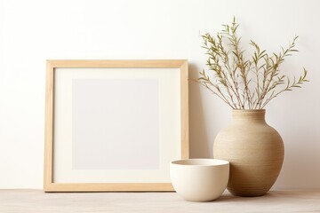 Fototapeta premium A wooden table with a white picture frame and ceramic vases.