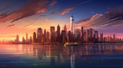 Fototapeta premium City Skyline Embraced by Sunset over the River