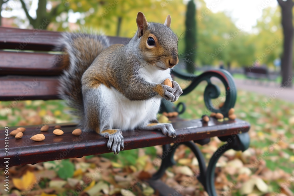Wall mural squirrel perched on a park bench with almond - Wall murals