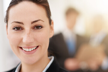 Happy, woman and portrait in office with professional accountant working in financial company with...
