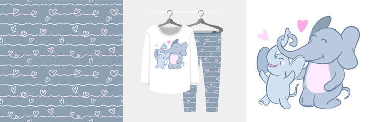 Seamless pattern and illustration set with family hugs, mom and baby elephant. Cute design pajamas on a hanger. Baby background for apparel, room decor, tee prints, baby shower, fabric wrapping design