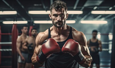 Fototapeta na wymiar Boxer Wearing Boxing Gloves in Gym