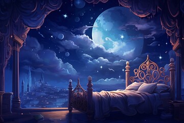 a bed with a bed frame and a large moon in the sky - obrazy, fototapety, plakaty