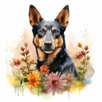 Australian Kelpie Aquarell Blumenwiese Haustier Portrait Niedlich Hund Kunst Frühling Blüten Natur Deko Wandbild Wohnzimmer Illustration Geschenk