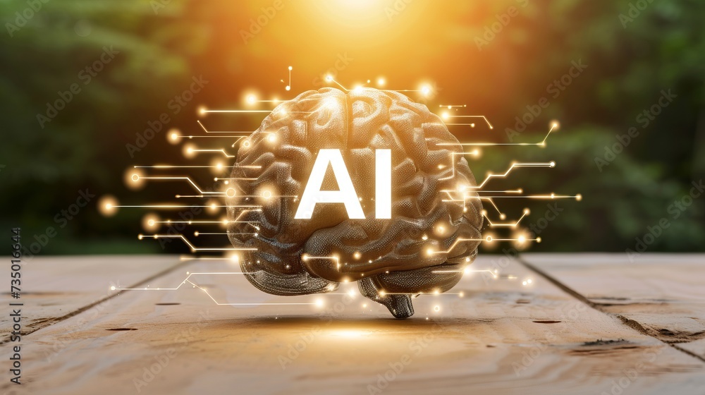 Poster artificial intelligence icon in digital heartbeat line on blurred background with copy space