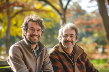 Smiling Senior Father and Look-Alike Adult Son Enjoying Autumn Outdoors