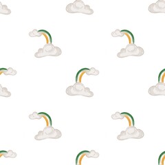 St.Patrick's Day seamless pattern with watercolor clouds and rainbow with irish flag on white background, Perfect for wallpapers, gift papers, patterns fills, textile, St. Patrick's Day greeting cards
