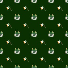 St.Patrick's Day seamless pattern with watercolor calendar and flag of ireland on green background, Perfect for wallpapers, gift papers, patterns fills, textile, St. Patrick's Day greeting cards