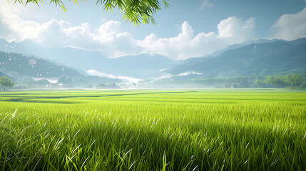 Green rice fields with clear skies