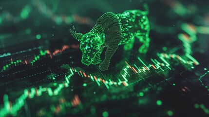 Bull market with rising candlestick charts on monitors, trading volatility and recession concept