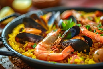 Macro photograph of a Spanish paella dish, showcasing seafood and saffron rice, Mediterranean cuisine, stock photo quality.