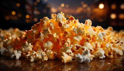 Fresh gourmet snack on wooden table, watching movie in theater generated by AI