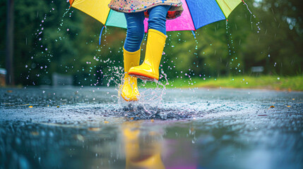  Child in yellow rain boots and a vibrant umbrella joyfully splashing water in a puddle on a rainy day.