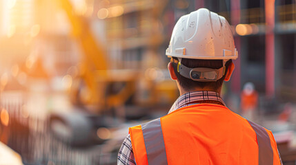 Rear view of a construction worker in a hard hat and reflective vest observing a construction site during sunset.