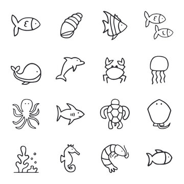 Set of Sea animals Hand Drawn icon for web app simple line design