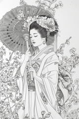 Outline drawing geisha, feminine look, eyes down. 