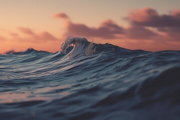 Nature's masterpiece: a mesmerizing wave crashes against the sandy beach, as the sky paints a stunning sunset and the wind whispers secrets to the tide