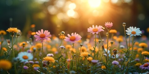 In a summer meadow, bright flowers paint the landscape in shades of yellow, pink and white.